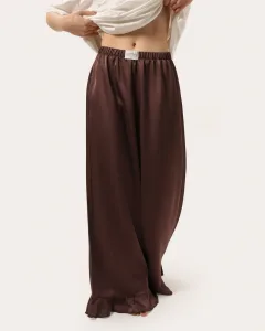 Schokoladenfarbene Seidenhose mit Rüschen