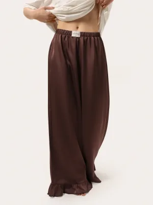 Schokoladenfarbene Seidenhose mit Rüschen
