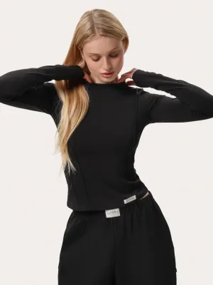 Schwarzes Slim-Fit-Langarmshirt mit sichtbaren Nähten