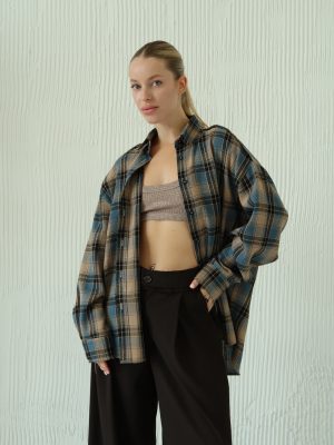 Oversize-Karobluse – Beige-Blau