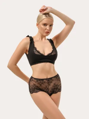 Schwarzes Baumwoll-Set mit Spitzen-Slips