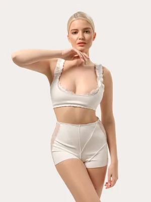 Milchfarbenes Baumwoll-Set mit Shorts mit Spitzendetails