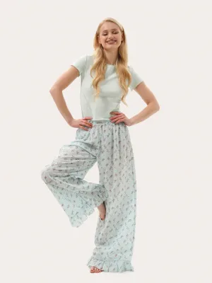 Mintgrüne leichte Sommerhose mit Blumenrüschen