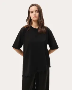 Schwarzes Kurzarmshirt mit asymmetrischem Spitzensaum