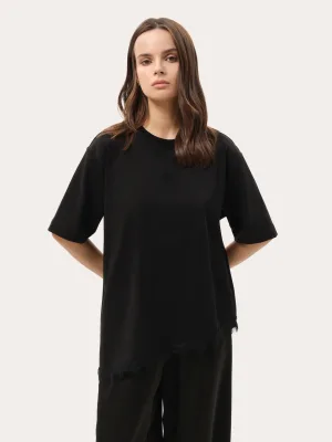 Schwarzes Kurzarmshirt mit asymmetrischem Spitzensaum