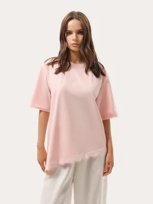 Rosa Kurzarmshirt mit asymmetrischem Spitzensaum
