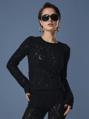 Schwarzes Slim-Langarmshirt aus flauschiger strukturierter Spitze