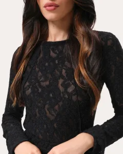 Slim-Langarmshirt aus flauschiger strukturierter Spitze - Schwarz