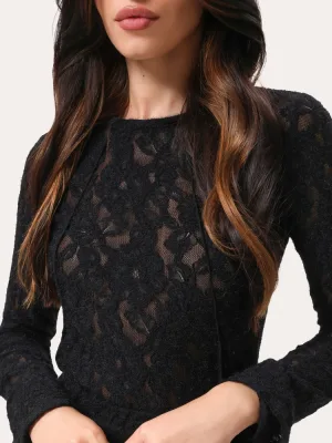 Slim-Langarmshirt aus flauschiger strukturierter Spitze - Schwarz