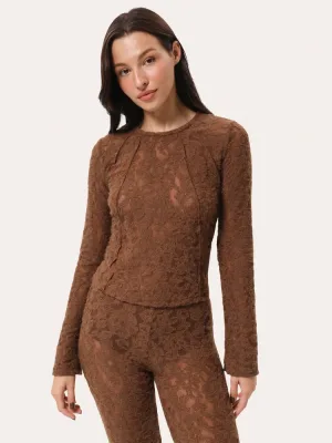 Karamellfarbenes Slim-Langarmshirt aus flauschiger strukturierter Spitze