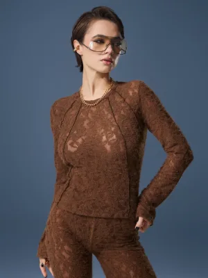 Karamellfarbenes Slim-Langarmshirt aus flauschiger strukturierter Spitze