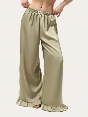 Olivgrüne Hose mit Satin-Effekt und Rüschen