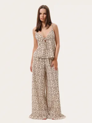 Beiger Musselin-Pyjama mit Leopardenmuster: Top und Hose mit Rüschen