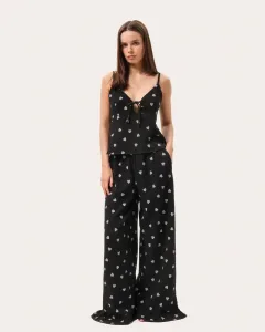 Schwarzer Musselin-Pyjama mit Herzchen: Top und Hose mit Rüschen