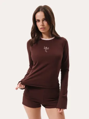 Home-Set mit Stickerei: Longsleeve und Shorts - Schokoladenbraun
