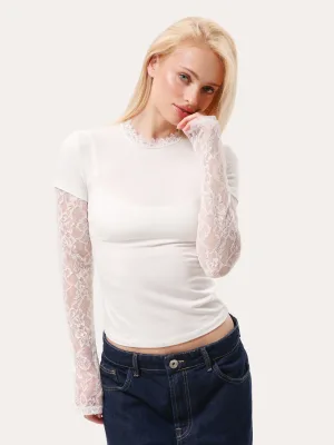 Figurbetonter, halbtransparenter Longsleeve mit Spitzenärmeln - Milchweiß
