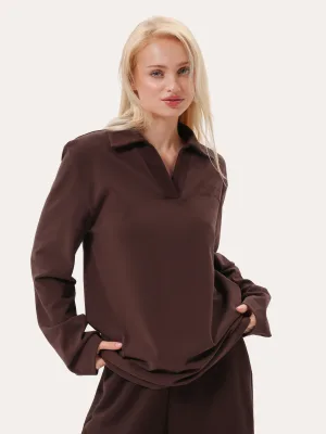 Oversize-Longsleeve-Polo mit Stickerei - Schokoladenbraun