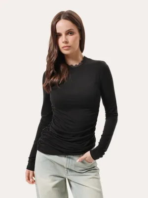 Figurbetontes Longsleeve mit seitlicher Raffung und Spitze - Schwarz