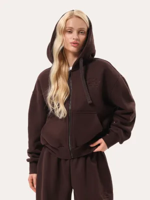 Basic Damen-Zip-Hoodie mit Stickerei – Schokobraun