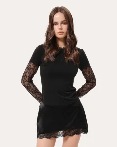 Figurbetonter, halbtransparenter Longsleeve mit Spitzenärmeln - Schwarz