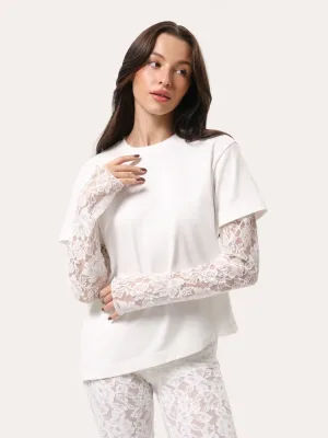 Oversize-Longsleeve mit Spitzenärmeln und asymmetrischem Saum – Milchweiß