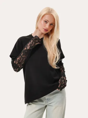 Oversize-Longsleeve mit Spitzenärmeln und asymmetrischem Saum – Schwarz