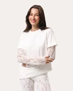 Oversize-Longsleeve mit Spitzenärmeln und asymmetrischem Saum – Milchweiß